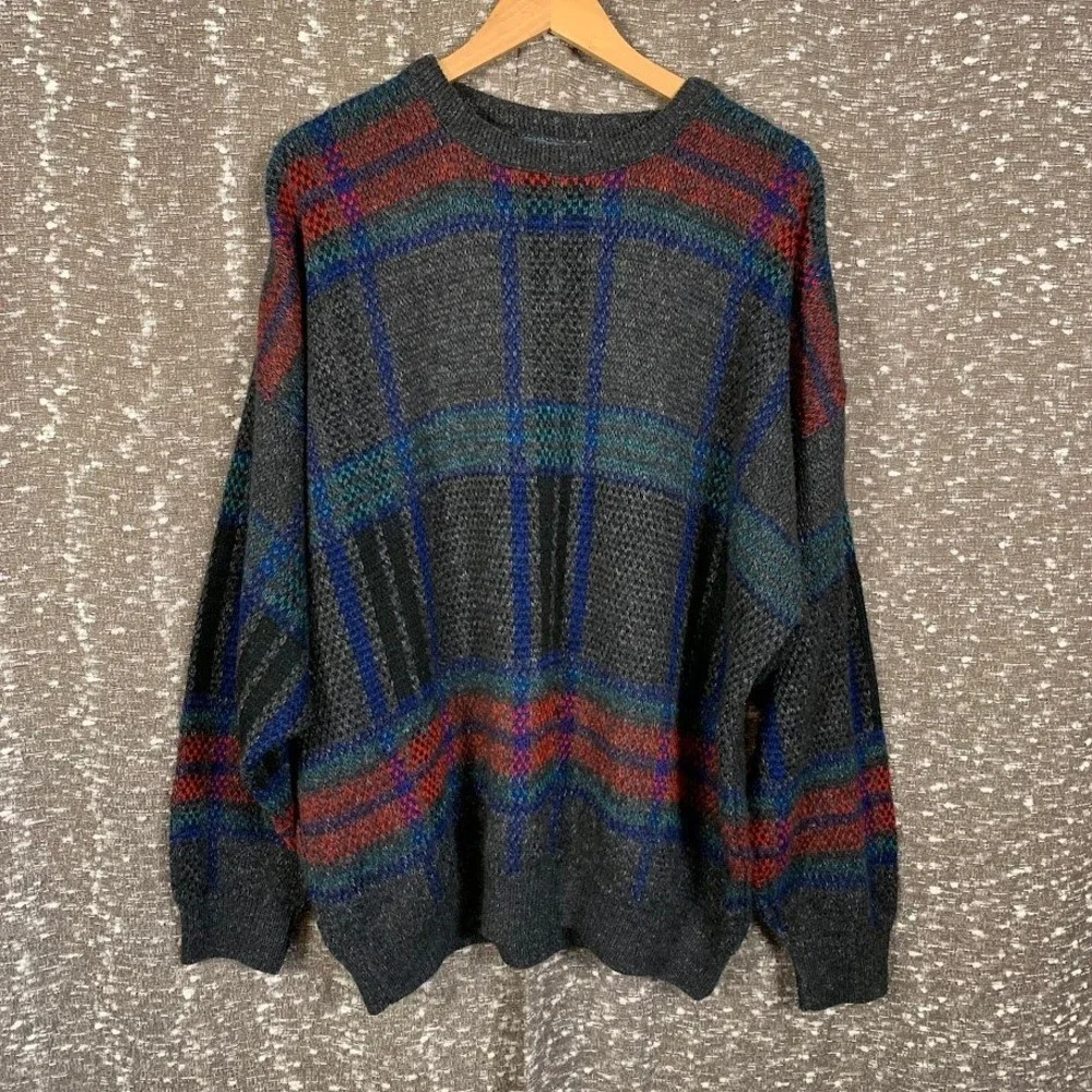 Vintage Jantzen Plaid Knit Sweater Mens Large Gray Multicolor 90s Grunge Slouchy
